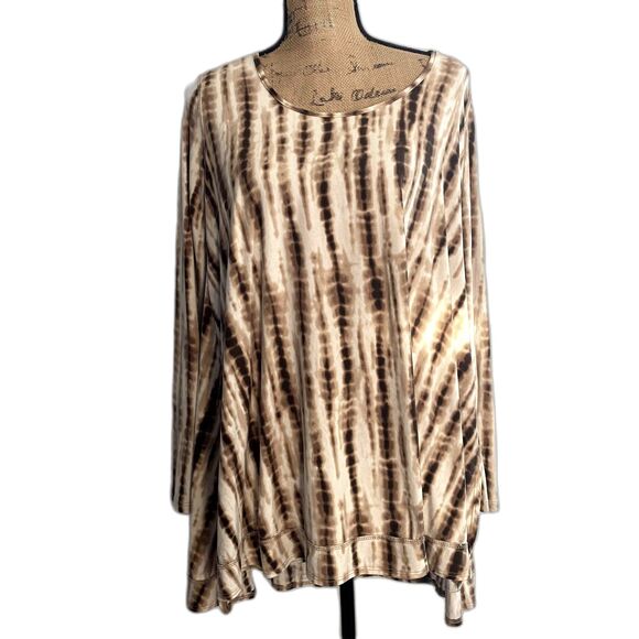 Entro Tie Dye Bohemian Tunic Tee Long Sleeve Tan Brown Size Large - Picture 1 of 3